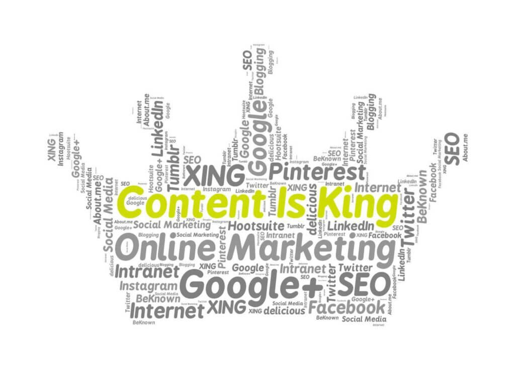 The “Content Is King” written in the marketing word cloud in a shape of a crown.