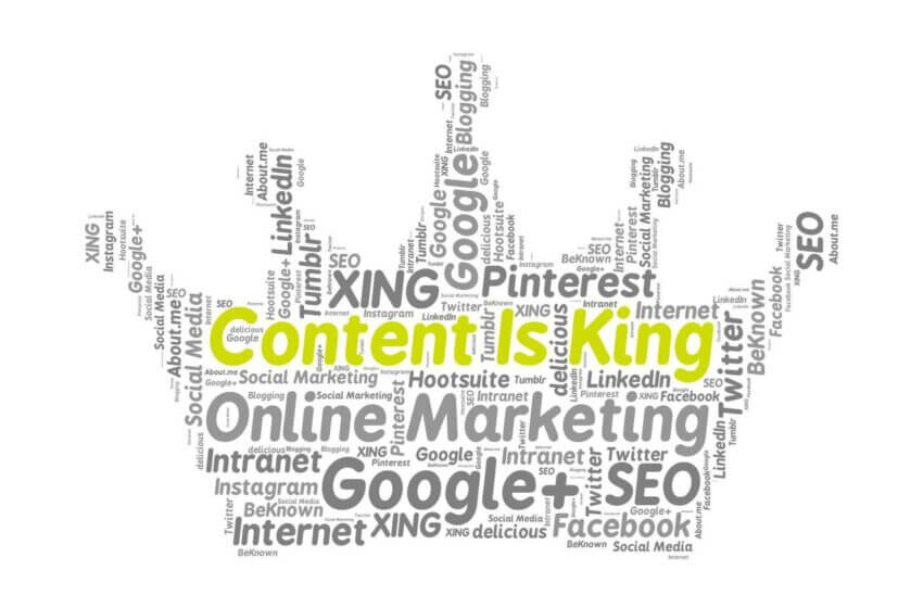 The “Content Is King” written in the marketing word cloud in a shape of a crown.